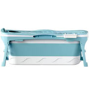 蓝色折叠泡澡桶正面视图，展示展开后的金属支架、顶部置物架和波浪纹底座细节。