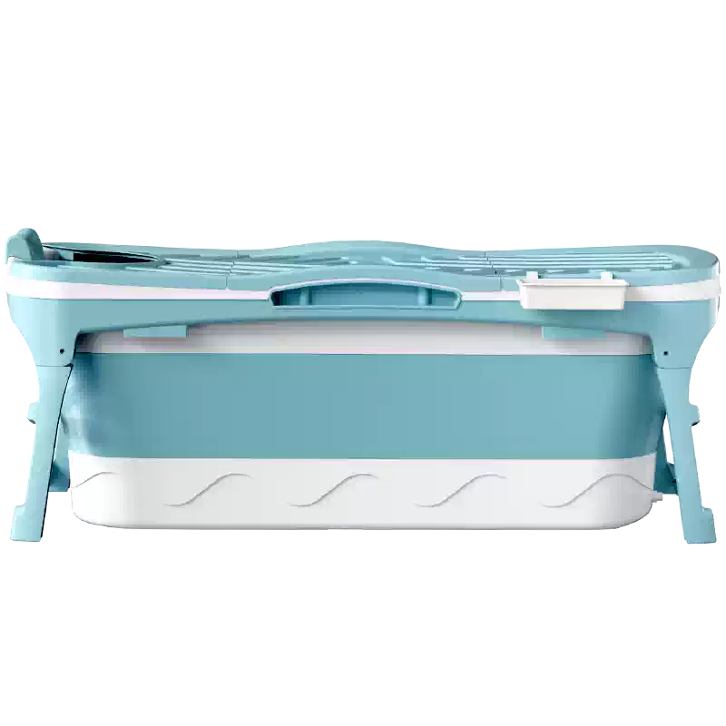 蓝色折叠泡澡桶正面视图，展示展开后的金属支架、顶部置物架和波浪纹底座细节。