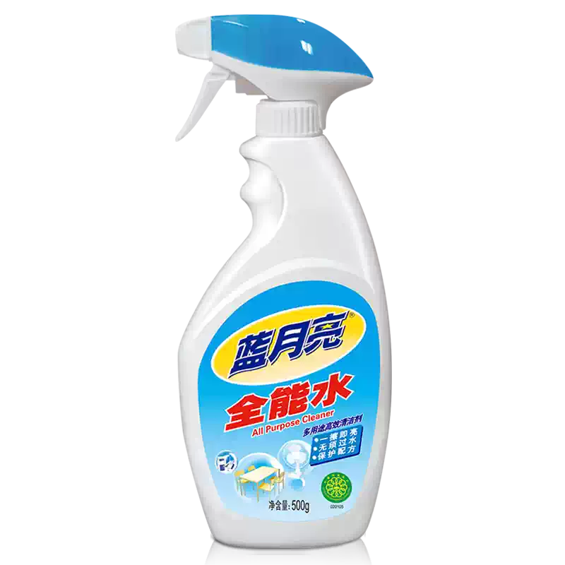 蓝月亮全能水清洁剂瓶身正面图，白色瓶身配蓝色标签，展示 500g 规格及品牌标识
