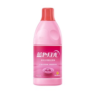 蓝月亮蓝色月光彩色衣物色渍净 600g 瓶装正面图，展示柠檬香去渍护色洗衣液包装。