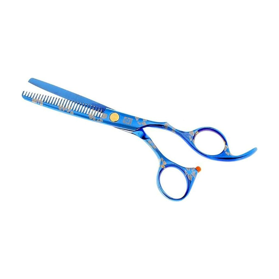 蓝色金属打薄剪刀特写，展示锯齿状刀刃和人体工学手柄细节