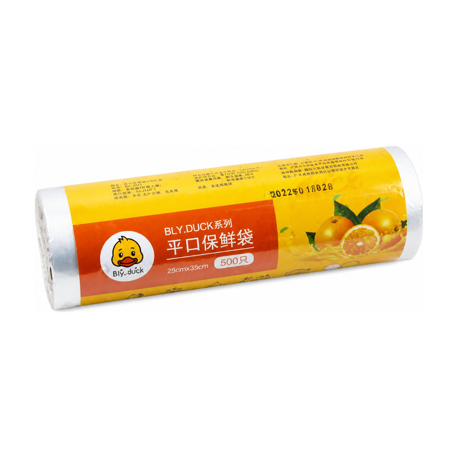 白色背景上一卷 BLY.DUCK 小黄鸭平口保鲜袋，包装上印有可爱的小黄鸭标志、橙色水果图案以及 500 只装和 25cmx35cm 规格字样。