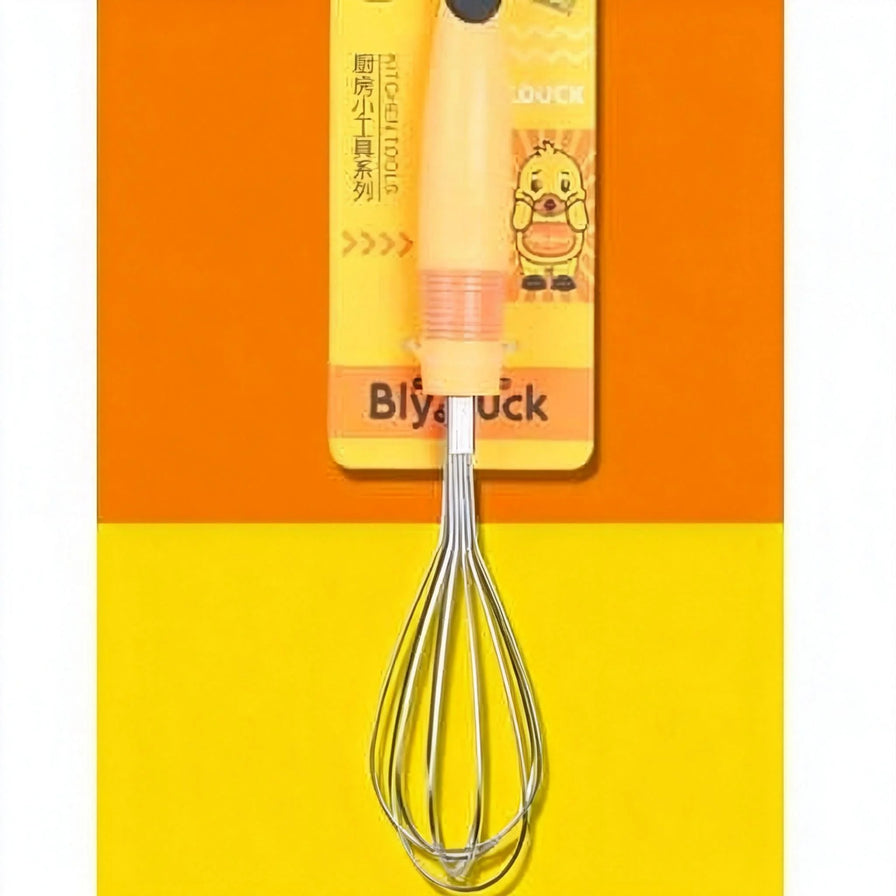 Bly.duck小黄鸭手动打蛋器包装展示，黄色背景，包装上印有厨房小工具系列及Bly.duck品牌标识。