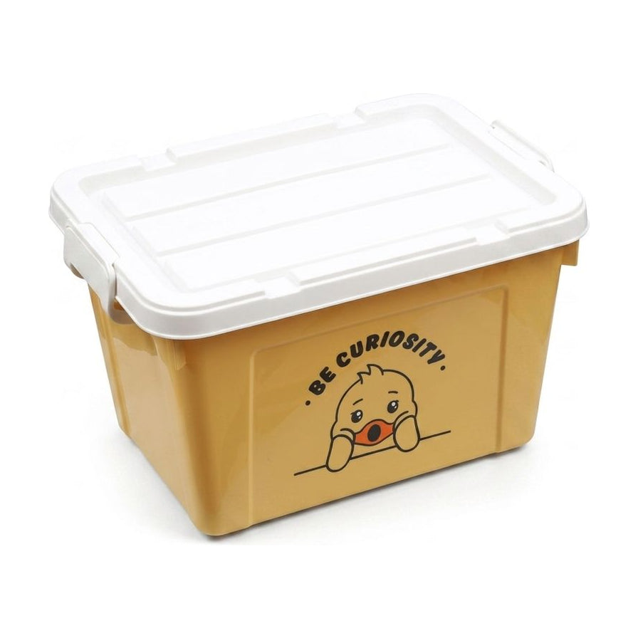 BLY.DUCK 小黄鸭 25L 收纳整理箱白底主图，黄色箱体配白色盖子，侧面印有探头的卡通小鸭图案及英文 BE CURIOSITY。