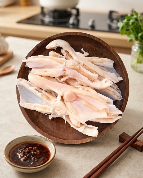 无骨鸭掌包装侧面视角，清晰展示产品规格标签与冷藏保存提示