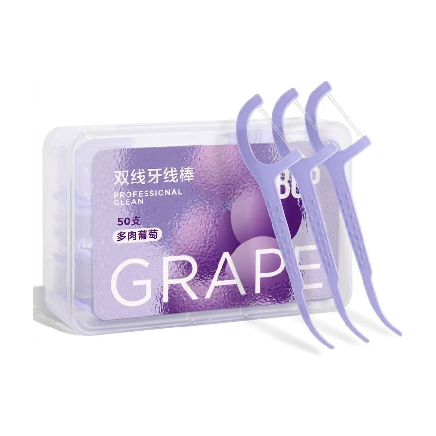 BOP多肉葡萄味双线牙线棒，紫色便携盒装，展示三支紫色双线牙线棒。