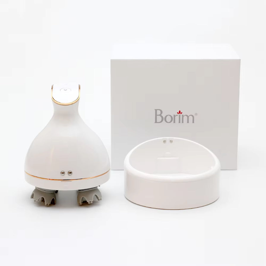 Borim电动头部按摩器主机、充电底座及白色品牌包装盒展示。