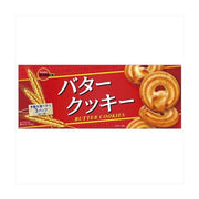 波本 BOURBON 黄油牛奶饼干红色包装盒正面，印有麦穗、圆形黄油饼干图案及日文产品名。