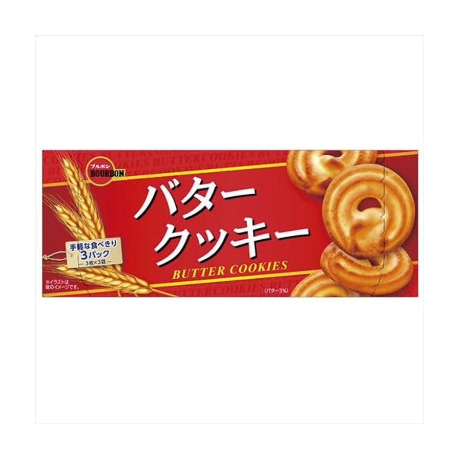 波本 BOURBON 黄油牛奶饼干红色包装盒正面，印有麦穗、圆形黄油饼干图案及日文产品名。