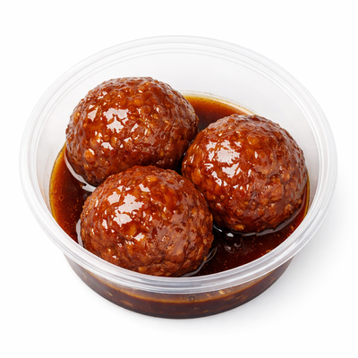 透明圆盒装红烧狮子头成品，肉丸裹满浓郁酱汁，白色背景正面展示。