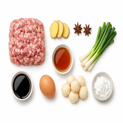 制作狮子头的原料俯拍图，包含猪肉末、姜葱、鸡蛋及香料，白色背景。
