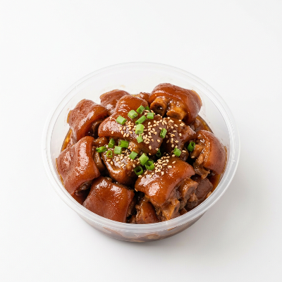 一盒加热即食的红烧猪蹄，酱汁浓稠，肉质软烂脱骨，盛放在透明餐盒中。