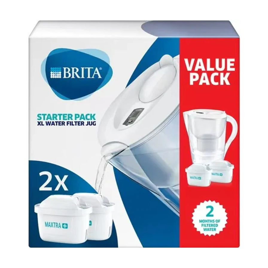 BRITA 碧然德 Marella XL 滤水壶超值组包装盒，包含一个 3.5L 滤水壶和两枚 MAXTRA 滤芯，包装上有蓝色 BRITA 标志和红色 Value Pack 标识。