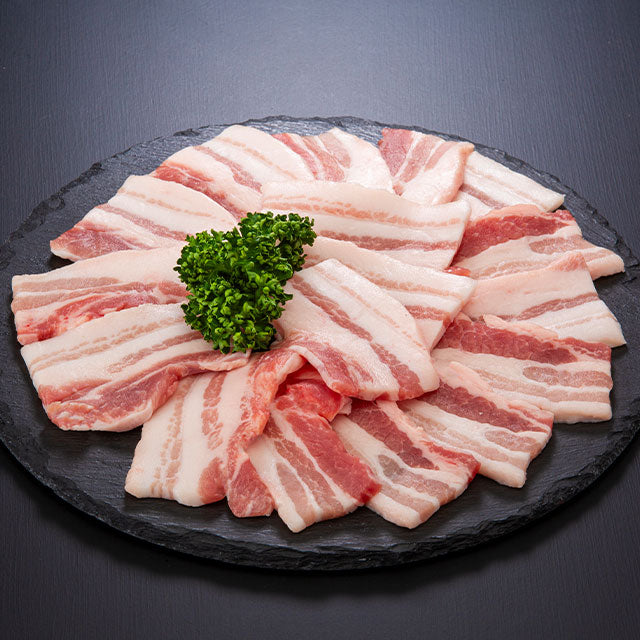 BRO MEAT 韩国厚切五花肉生肉特写，展示肥瘦相间的纹理和新鲜肉质