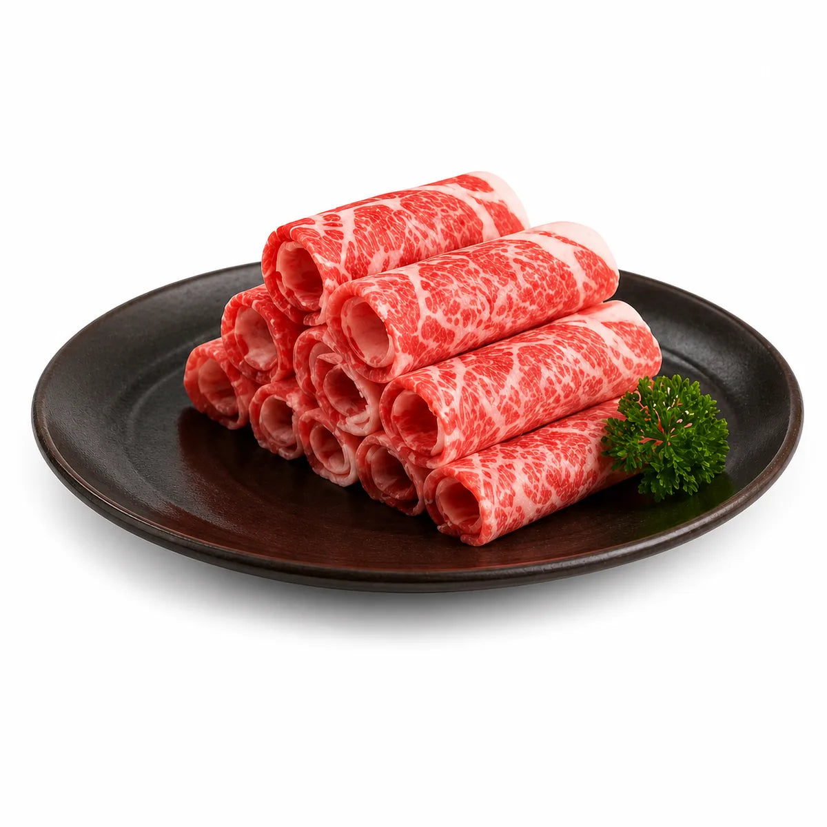 Bro Meat Wagyu Rolls arranged on a black rectangular plate