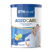 BTNature 中老年高钙营养奶粉 800g 罐装正面图，包装上有中老年夫妇形象及营养成分标识。