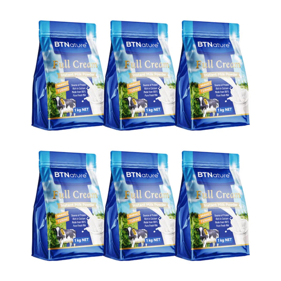 六袋 BTNature 全脂成人奶粉 1kg 组合展示，适合长期囤货的家庭装规格。