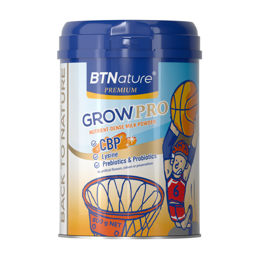 BTNature GrowPro 长高奶粉 800g 罐装，瓶身印有篮球运动员插画及 CBP、赖氨酸、益生菌等核心成分说明。
