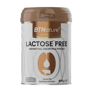 BTNature 零乳糖全脂成人奶粉 800g 罐装正面图，白色罐身配棕色盖子，印有 LACTOSE FREE 字样。