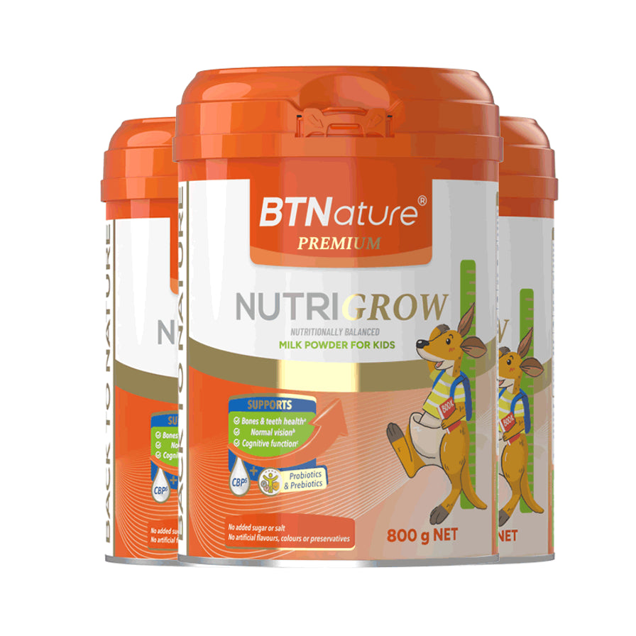 三罐 BTNature Nutrigrow 儿童成长奶粉 800g 组合展示。