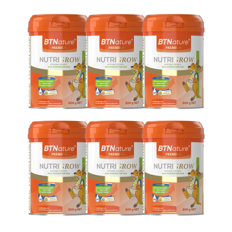 六罐 BTNature Nutrigrow 儿童成长奶粉 800g 组合展示。