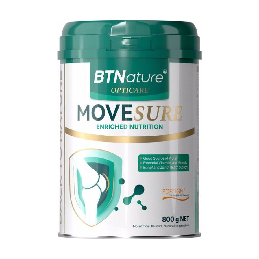 BTNature Opticare MoveSure 骨关节营养奶粉 800g 罐装正面图，白色罐身配绿色顶盖，印有关节保护示意图。