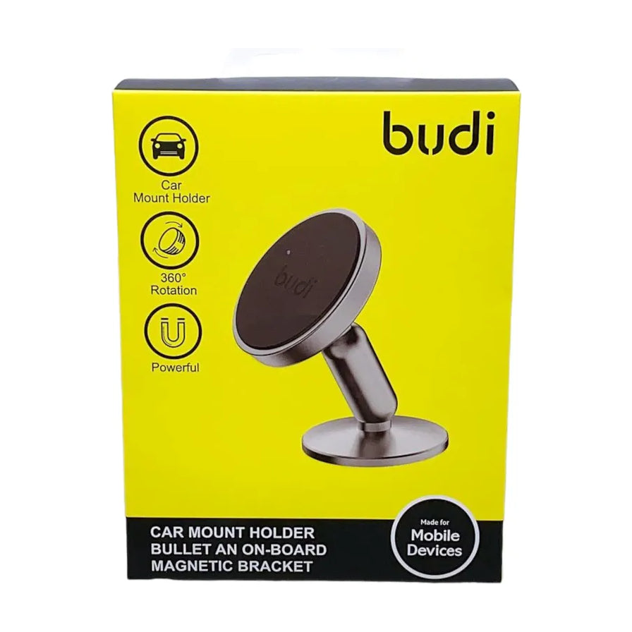 budi 360°旋转车载磁吸手机支架黄色外包装盒，展示了支架外观及强力磁吸、360度旋转等功能图标。