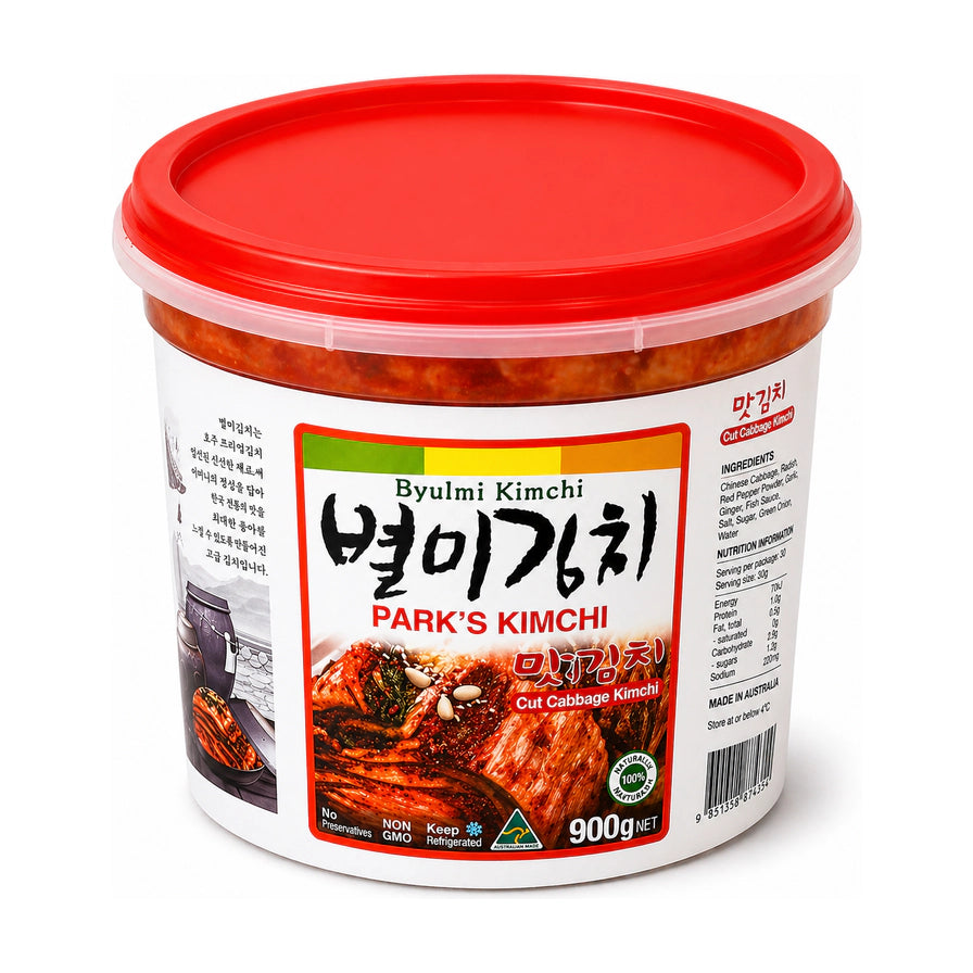 Byulmi 韩国风味切件泡菜 900g 桶装，白色桶身配红色顶盖，标签显示 Park's Kimchi 品牌及韩文标识，侧面印有配料表和营养成分信息。
