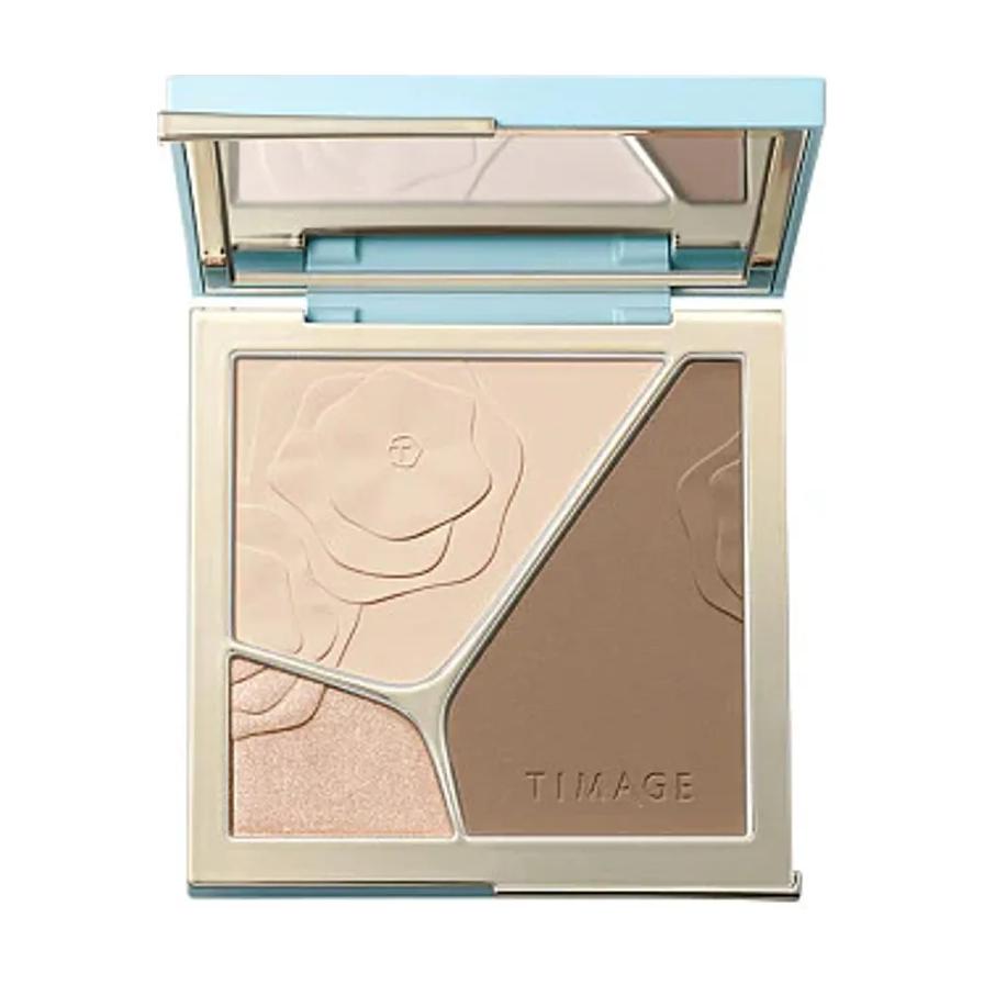 彩棠浮光掠影修容盘打开状态，展示内部阴影、高光与过渡色粉饼及压花纹理。