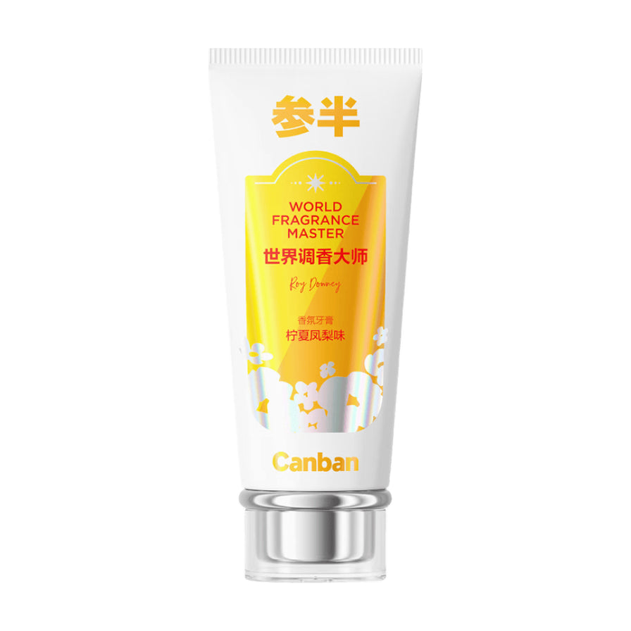 参半香氛牙膏柠夏凤梨味100g正面包装图，白色管身配以黄色标签，印有世界调香大师字样。