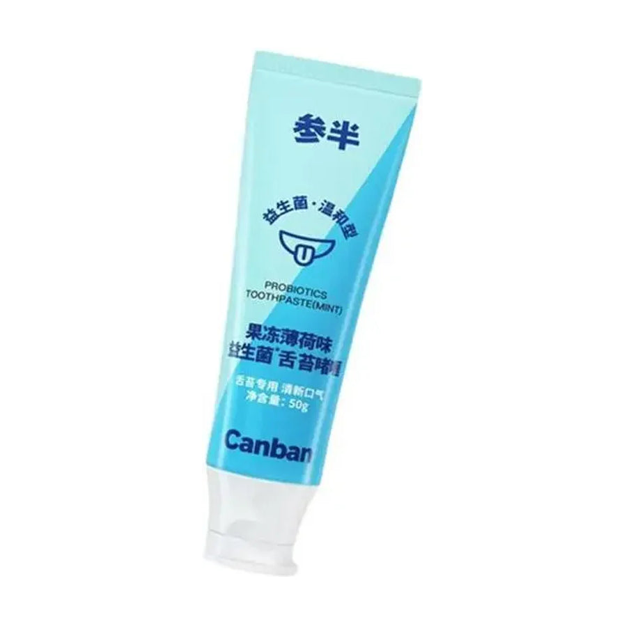 参半益生菌舌苔啫喱产品正面图，浅蓝色软管包装，印有品牌 Logo 及果冻薄荷味字样。