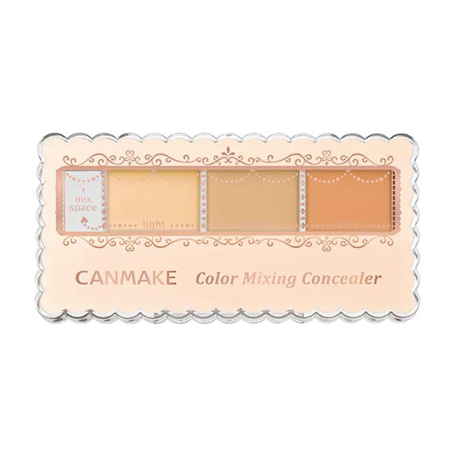 Canmake 三色遮瑕膏调色盘正面图，展示三个不同深浅的色块及左侧混合区，包装为粉色波浪边设计。