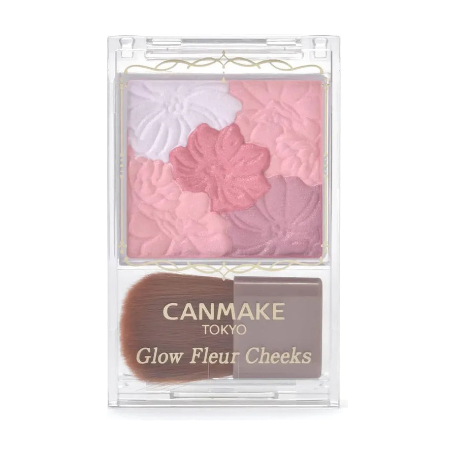 Canmake Glow Fleur Cheeks 09号色开盖图，展示粉色系花瓣纹理与底部自带小刷子。