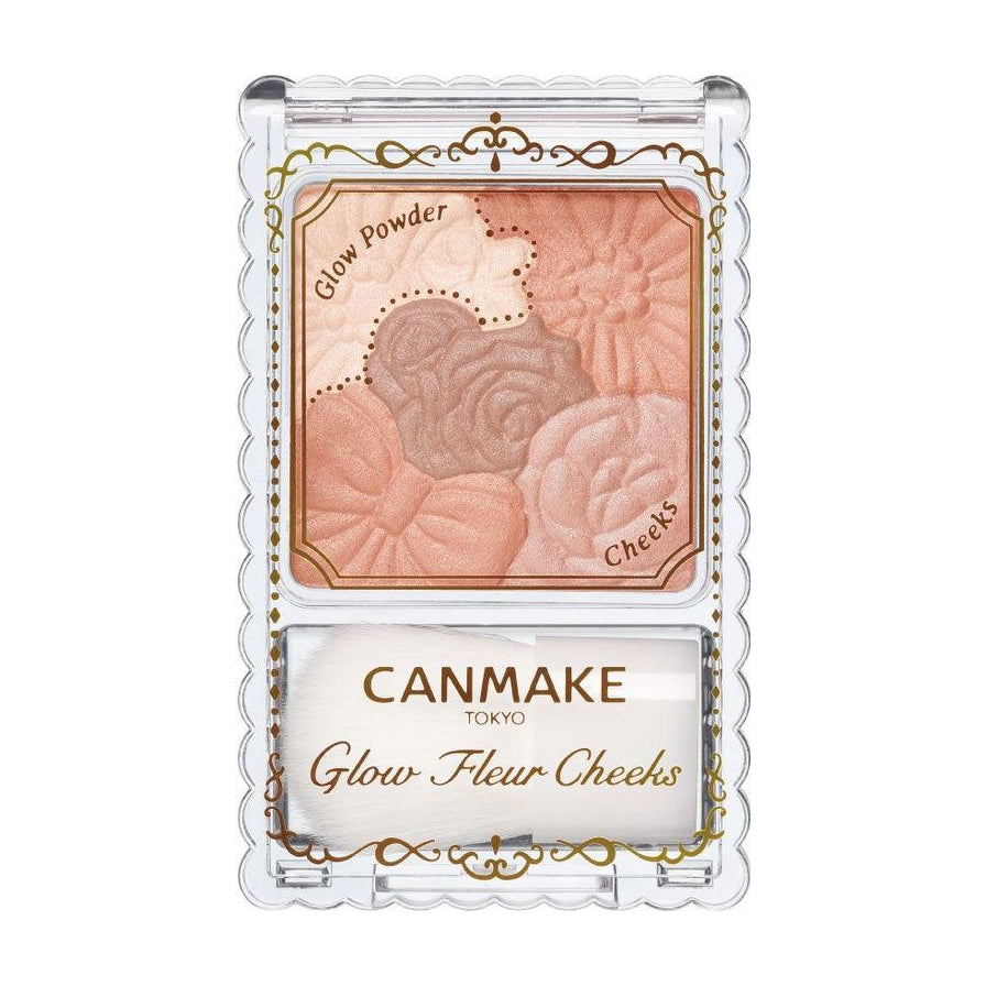 Canmake Glow Fleur Cheeks 12号色特写，展示透明外壳与五色花瓣压纹腮红盘细节。