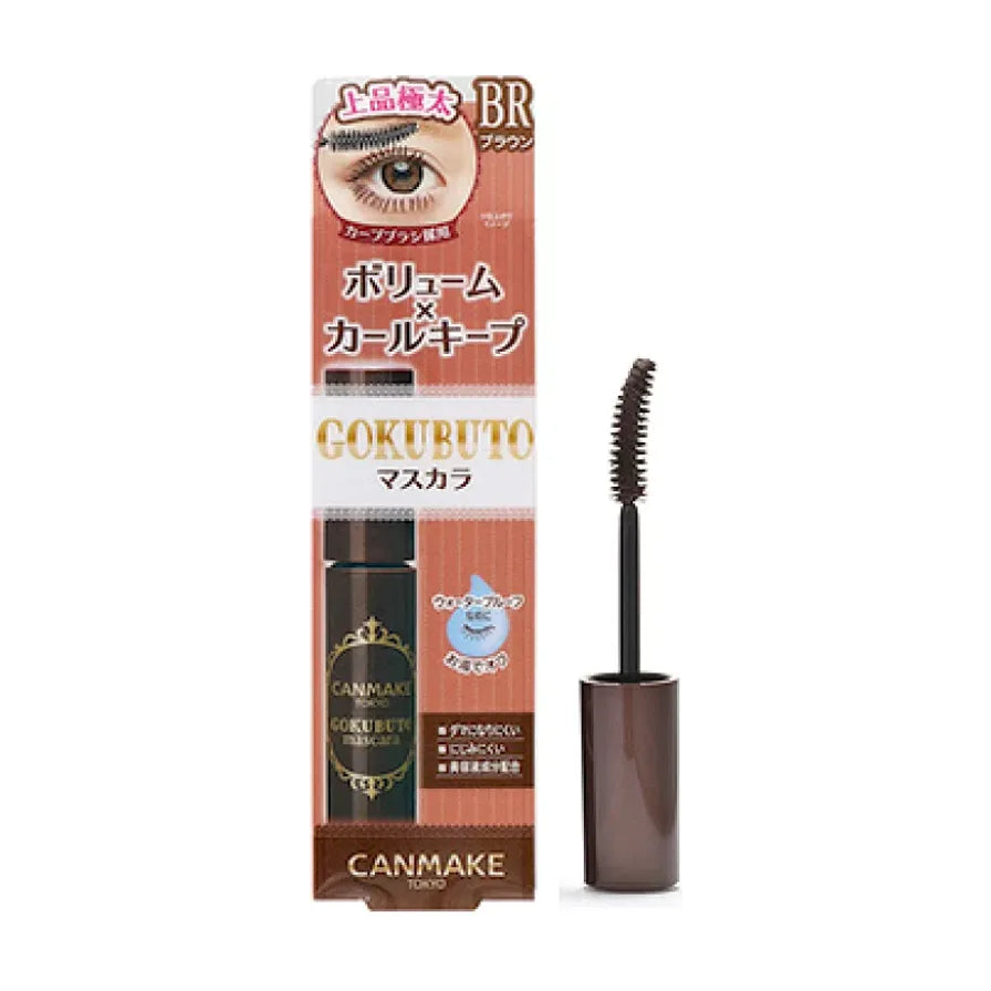 CANMAKE 极太睫毛膏包装与刷头特写，展示弧形刷毛细节及棕色管身。