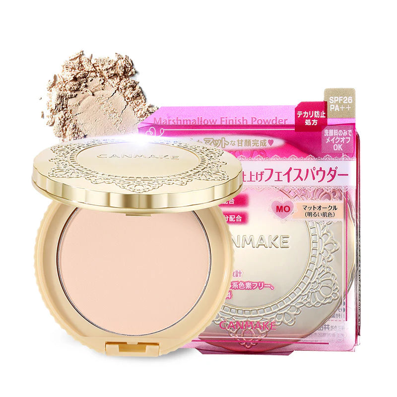 CANMAKE 井田棉花糖粉饼 MO 色号产品实拍，展示金色浮雕外壳、打开后的粉芯质地及粉色外包装盒。