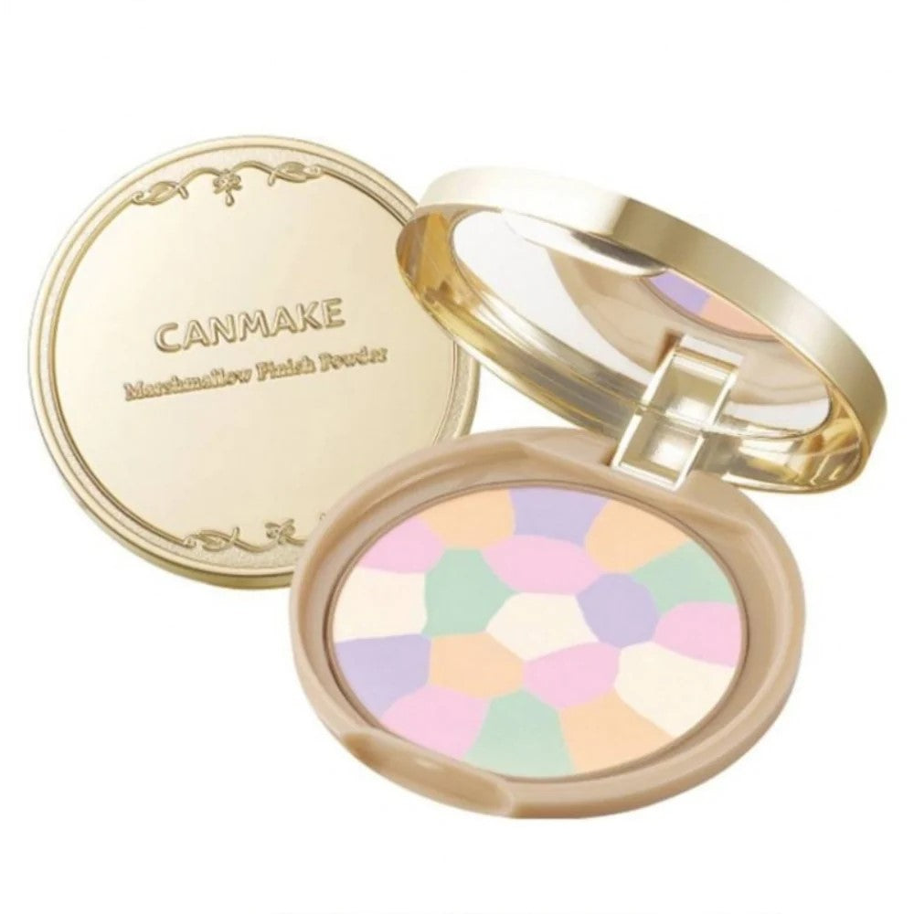 Canmake 棉花糖控油蜜粉饼开盖特写，展示金色外壳与内部五色蜂窝格纹粉体。