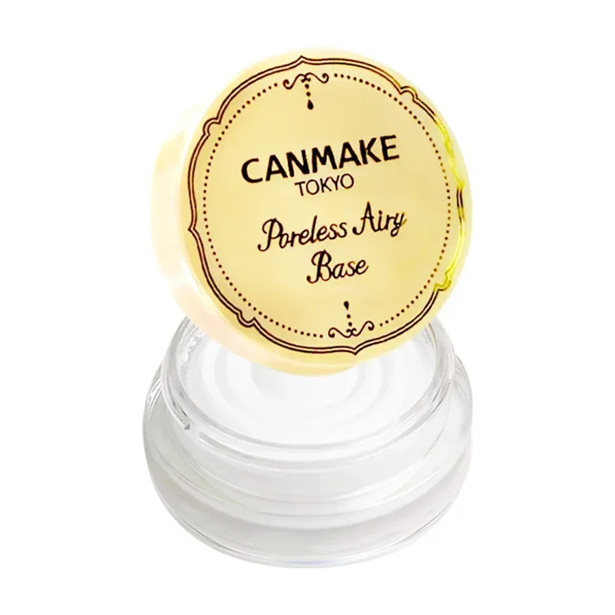 CANMAKE 毛孔隐形膏产品正面特写，展示淡黄色圆形瓶盖与透明瓶身内的白色膏体。