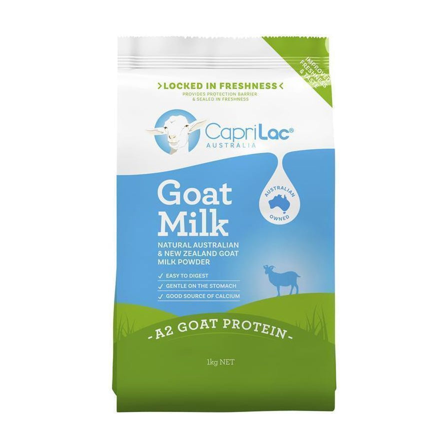 CapriLac 澳洲成人羊奶粉 1kg 袋装正面图，包装上印有山羊头像、Goat Milk 字样及 A2 羊奶蛋白标识。