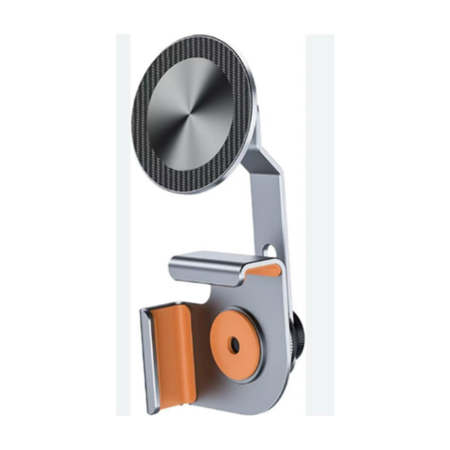 P10s 汽车屏幕扣式支架正面特写，展示银色金属机身、碳纤维纹理磁吸盘及橙色硅胶防滑垫细节。