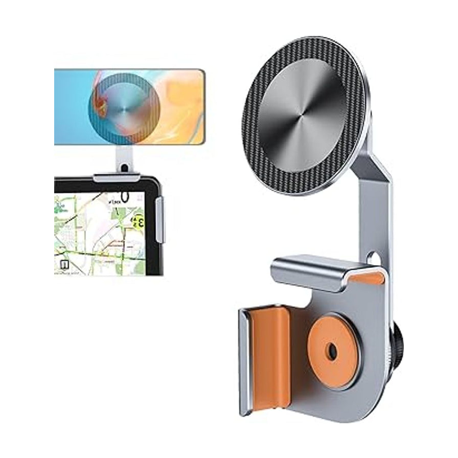 车载手机支架使用场景示意图，展示支架扣在屏幕边缘并吸附手机的形态，左上角包含导航界面插图。