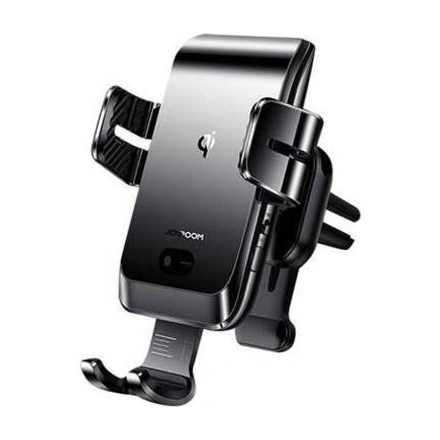 黑色车载无线充电手机支架，采用自动感应夹臂设计，带有Qi无线充电标识，底部和侧面有稳固支撑结构。