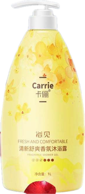 卡俪浴见清新舒爽香氛沐浴露 1L 正面展示，黄色瓶身配花卉图案及按压泵头