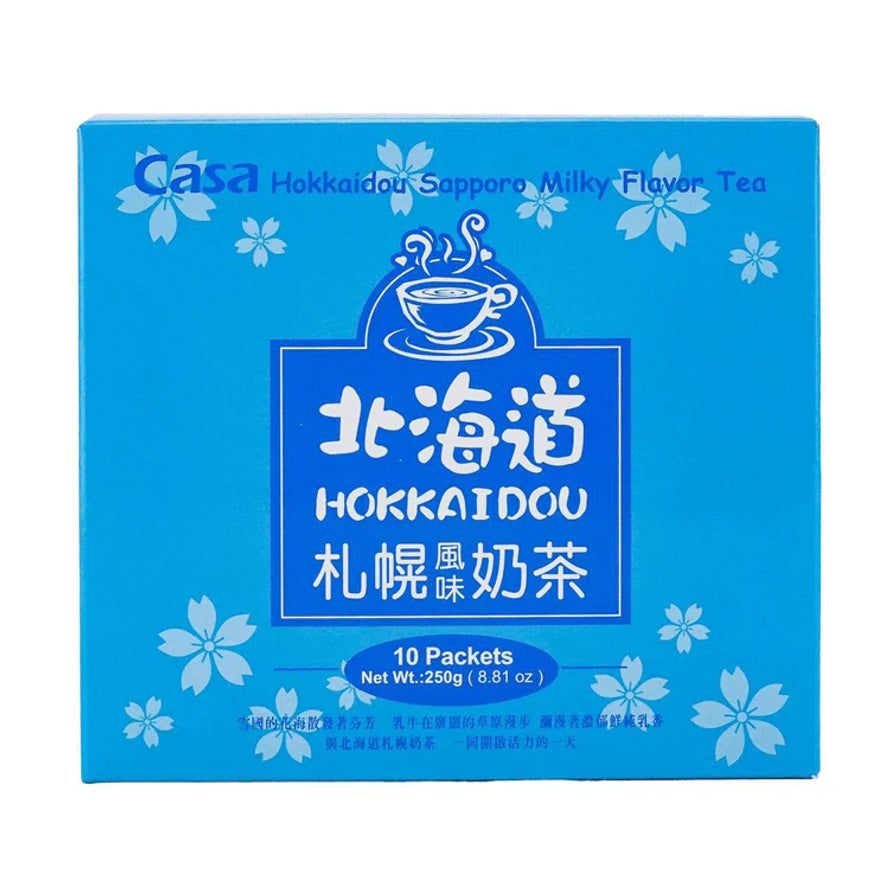 CASA卡萨北海道札幌奶茶蓝色包装盒正面，展示日式和风设计风格。