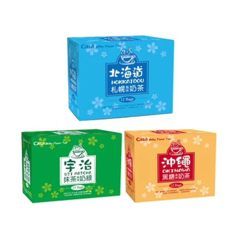 CASA卡萨日式奶茶系列合集，包含北海道札幌奶茶、宇治抹茶奶绿和冲绳黑糖奶茶三款包装盒展示。