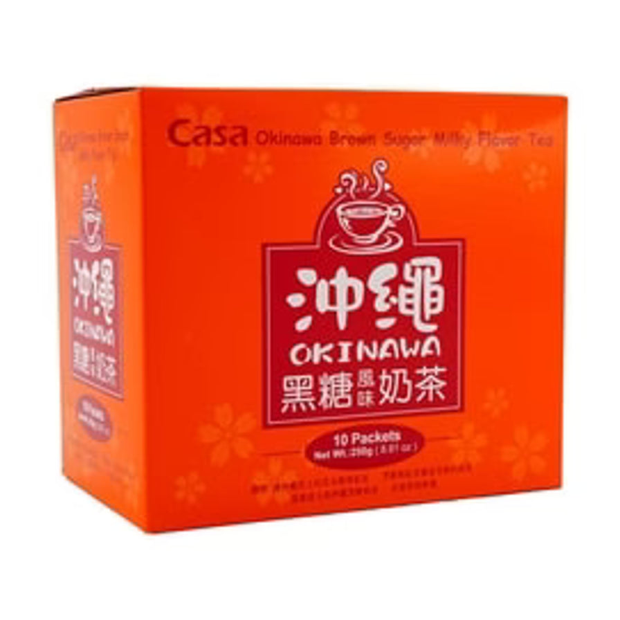 CASA卡萨冲绳黑糖奶茶橙色包装盒侧拍视角，显示10包入规格。