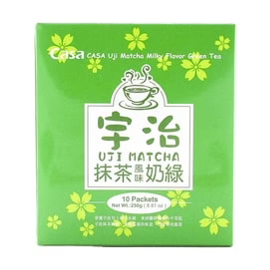 CASA卡萨宇治抹茶奶绿绿色包装盒正面，带有樱花底纹装饰。