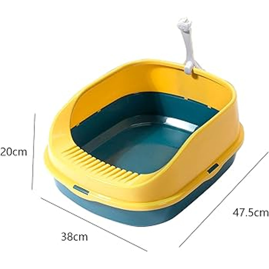 黄色围栏蓝色底座的半封闭猫砂盆斜视图，旁边标注20cm、38cm和47.5cm尺寸