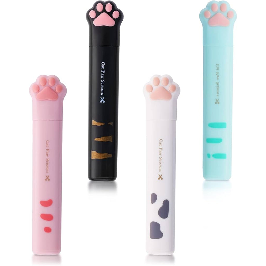 黑、粉、白、浅蓝四种猫爪造型折叠剪刀并排展示，白底图