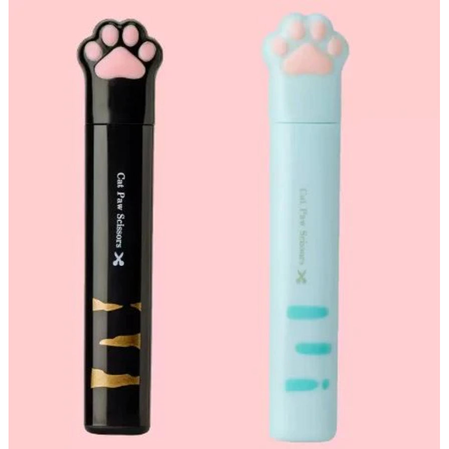 黑色和浅蓝色猫爪造型折叠剪刀并排展示，粉色背景图
